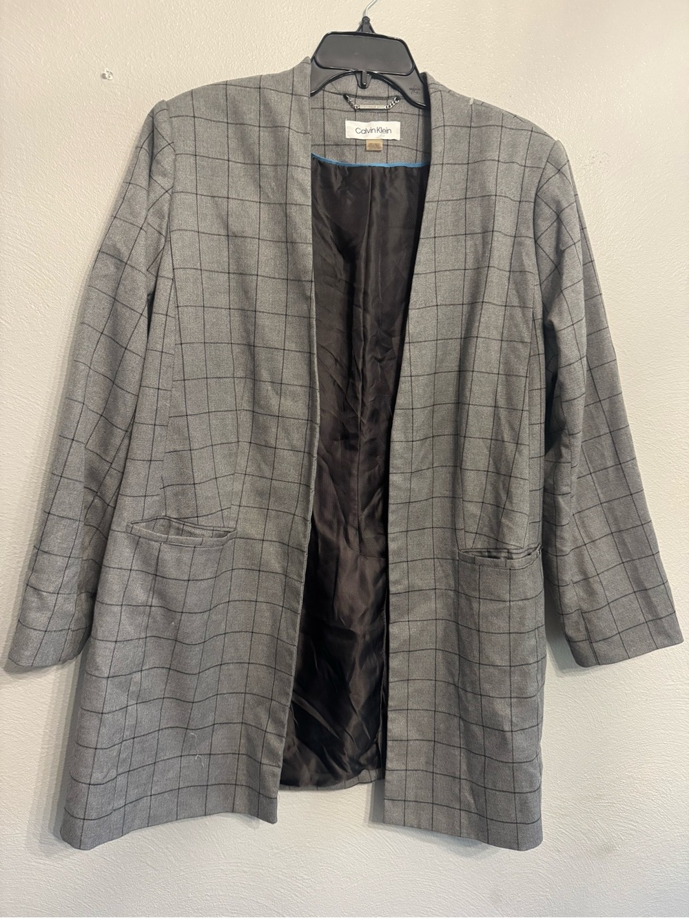 Calvin Klein Gray Windowpane Collarless Blazer
